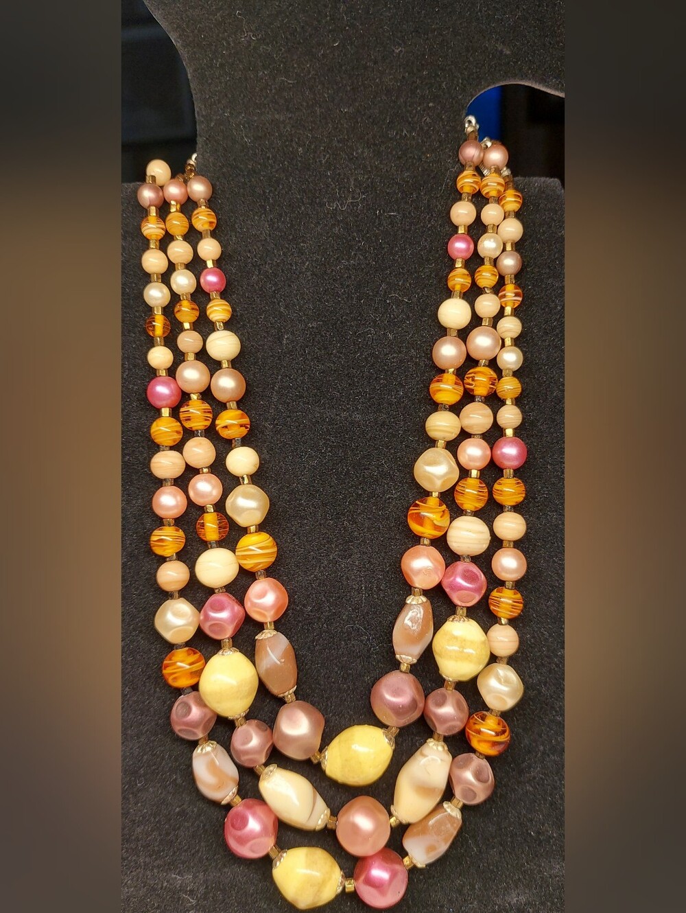 Japan Vintage Multi-Strand Yellow Pink Pearl Bead Necklace
